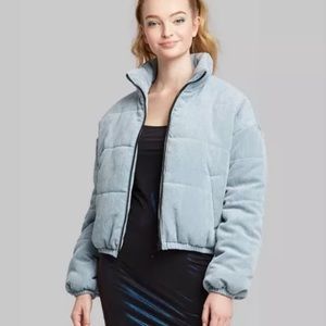 Blue Corduroy Cropped Puffer Jacket